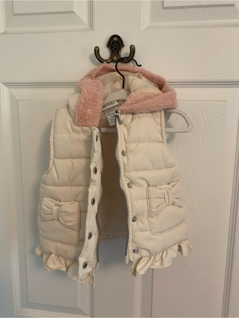 Nicole Miller Cream Puffer Vest with Pink Faux-Fur Hood
